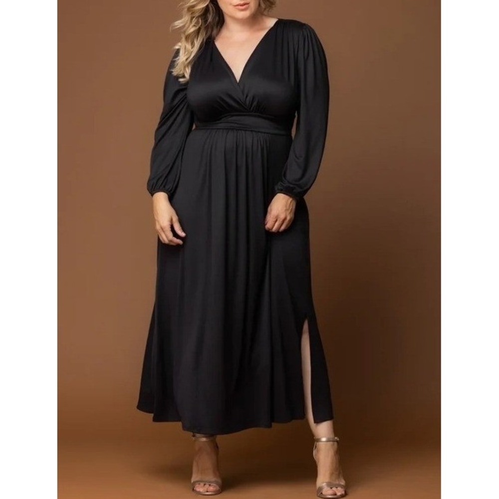 Kiyonna Kelsey Long Sleeve Maxi Dress Black Plus Size 4X V-Neck Empire Waist NEW